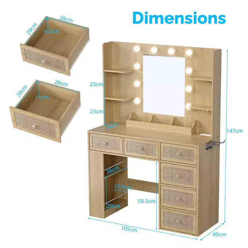 White Vanity Dressing Table with 6 Drawers, 3 Compartments, Dimmable Lighting and Built-In Power Strip