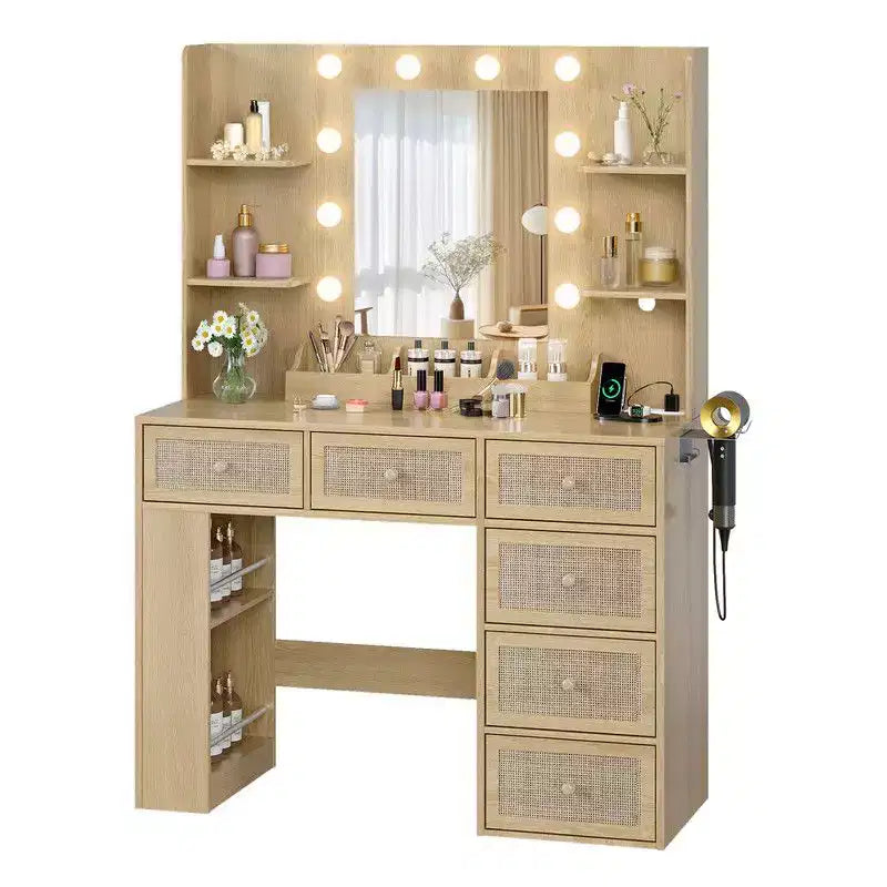 White Vanity Dressing Table with 6 Drawers, 3 Compartments, Dimmable Lighting and Built-In Power Strip