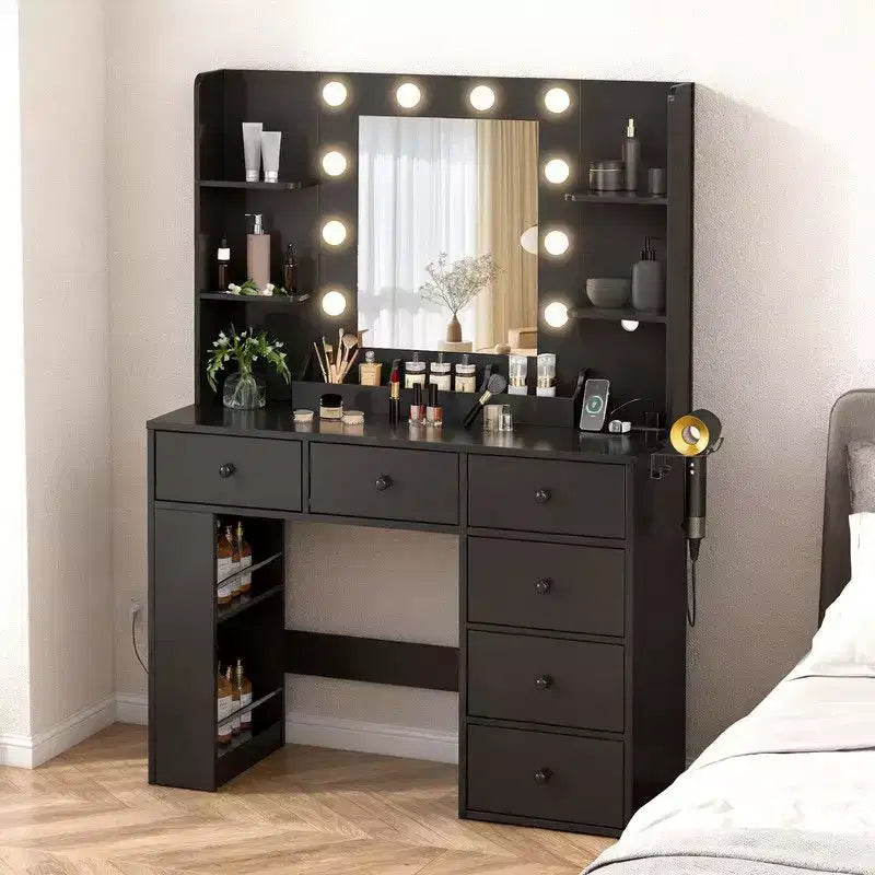 White Vanity Dressing Table with 6 Drawers, 3 Compartments, Dimmable Lighting and Built-In Power Strip