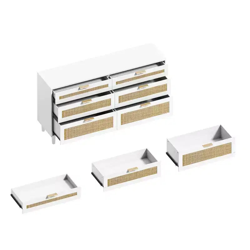 MAYEERTY 59" Rattan 6-Drawer Storage Cabinet with Metal Handles and Wood Legs - White