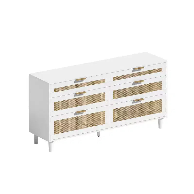 MAYEERTY 59" Rattan 6-Drawer Storage Cabinet with Metal Handles and Wood Legs - White