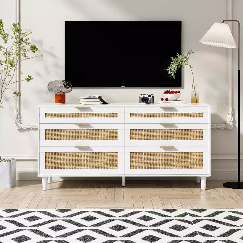 MAYEERTY 59" Rattan 6-Drawer Storage Cabinet with Metal Handles and Wood Legs - White