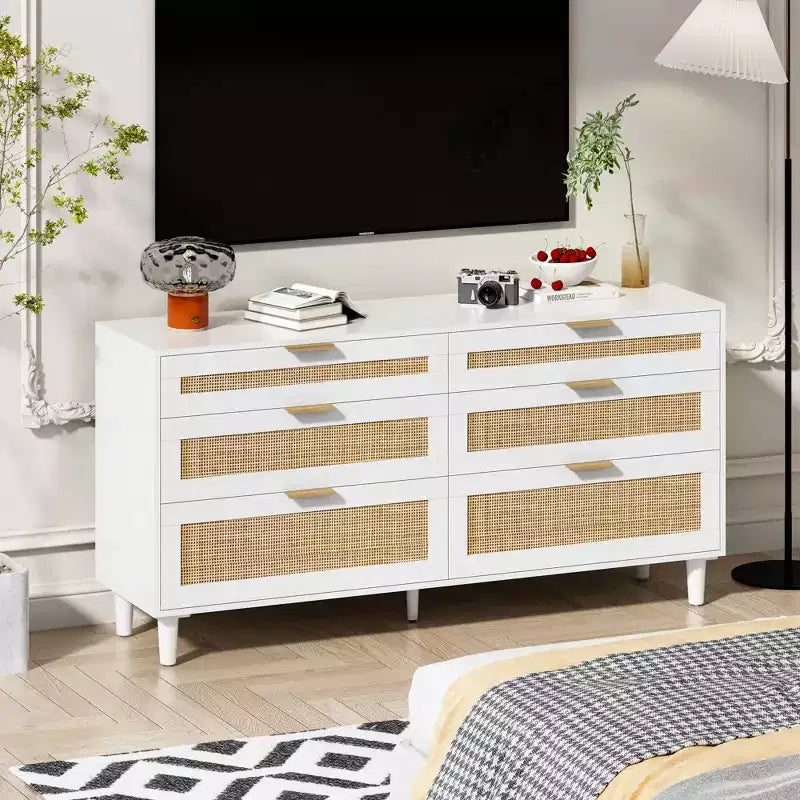 MAYEERTY 59" Rattan 6-Drawer Storage Cabinet with Metal Handles and Wood Legs - White