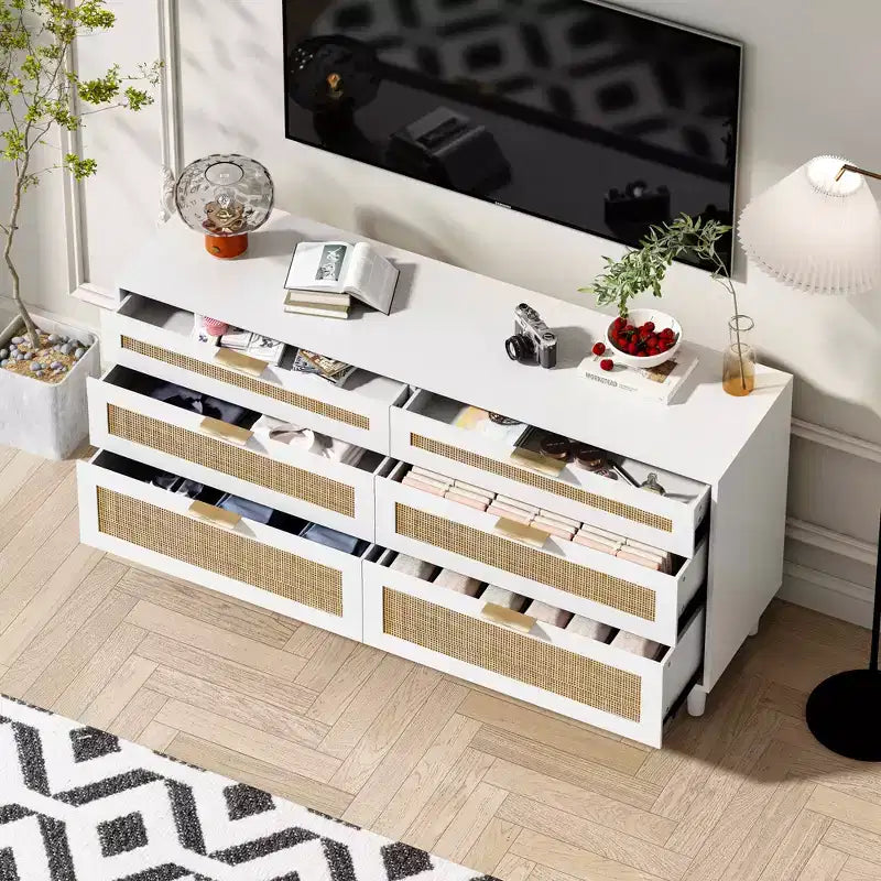 MAYEERTY 59" Rattan 6-Drawer Storage Cabinet with Metal Handles and Wood Legs - White