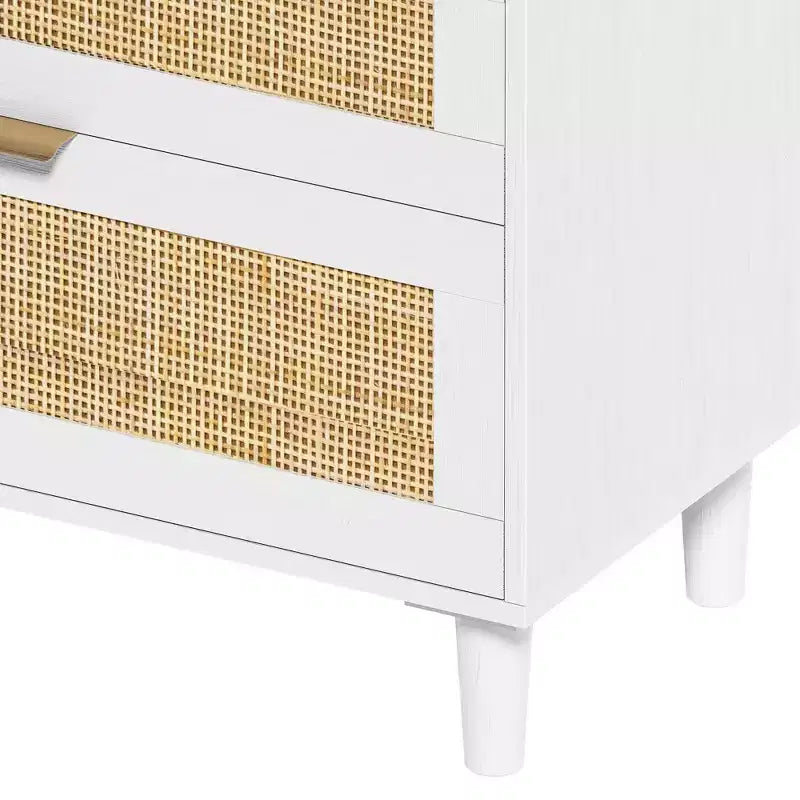 MAYEERTY 59" Rattan 6-Drawer Storage Cabinet with Metal Handles and Wood Legs - White