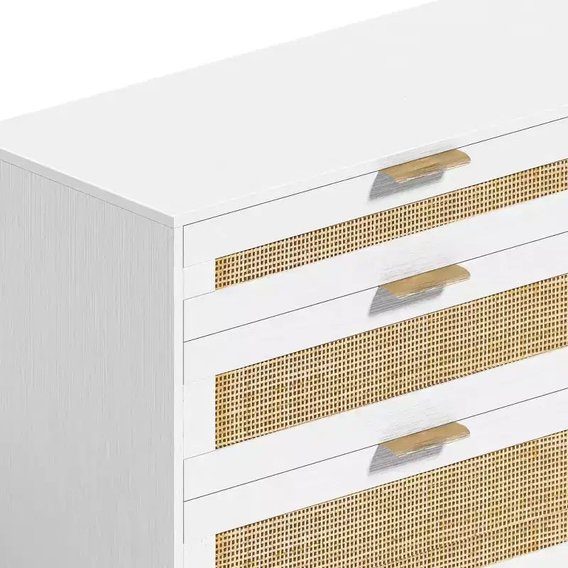 MAYEERTY 59" Rattan 6-Drawer Storage Cabinet with Metal Handles and Wood Legs - White
