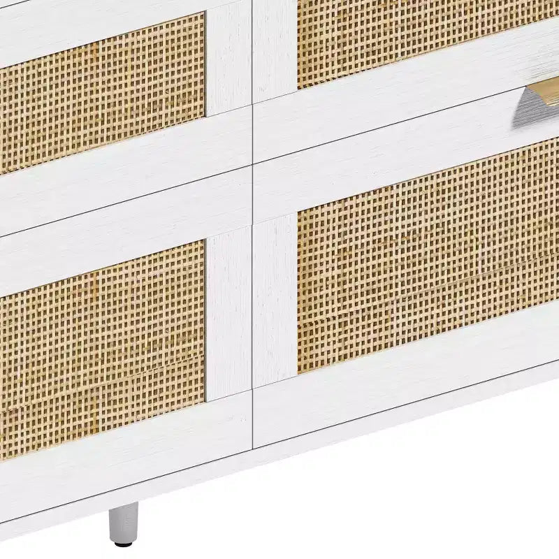 MAYEERTY 59" Rattan 6-Drawer Storage Cabinet with Metal Handles and Wood Legs - White