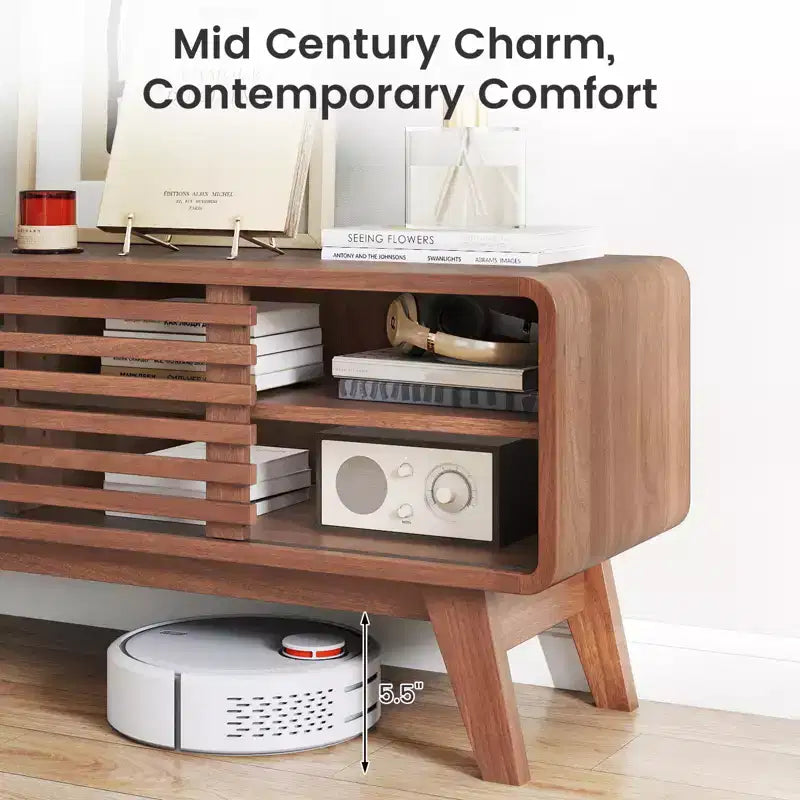 Costway TV Stand with Sliding Door, Adjustable Shelves and Rubber Wood Legs for TVs up to 55"