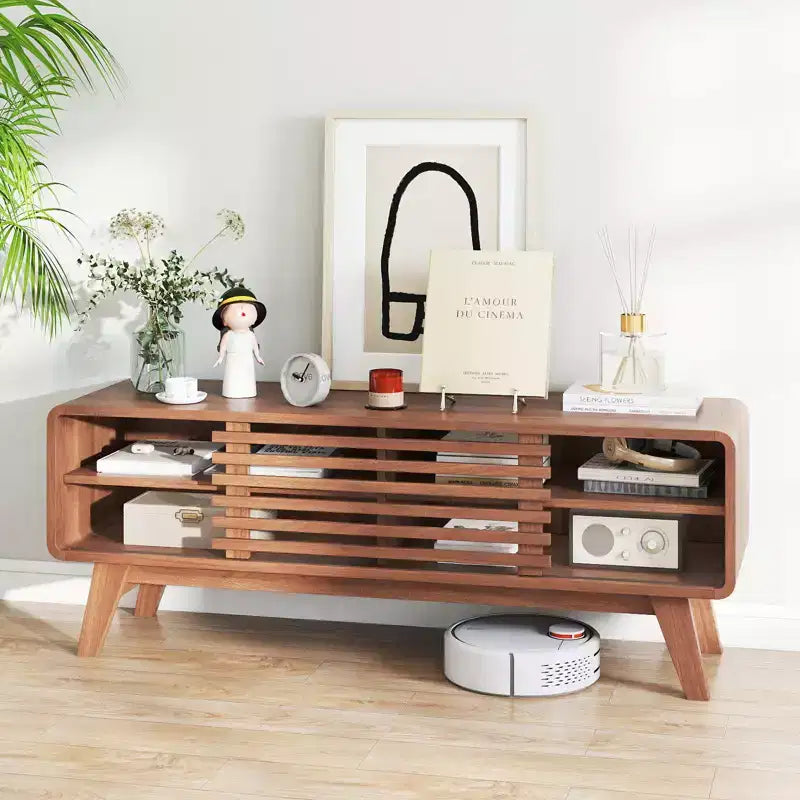 Costway TV Stand with Sliding Door, Adjustable Shelves and Rubber Wood Legs for TVs up to 55"