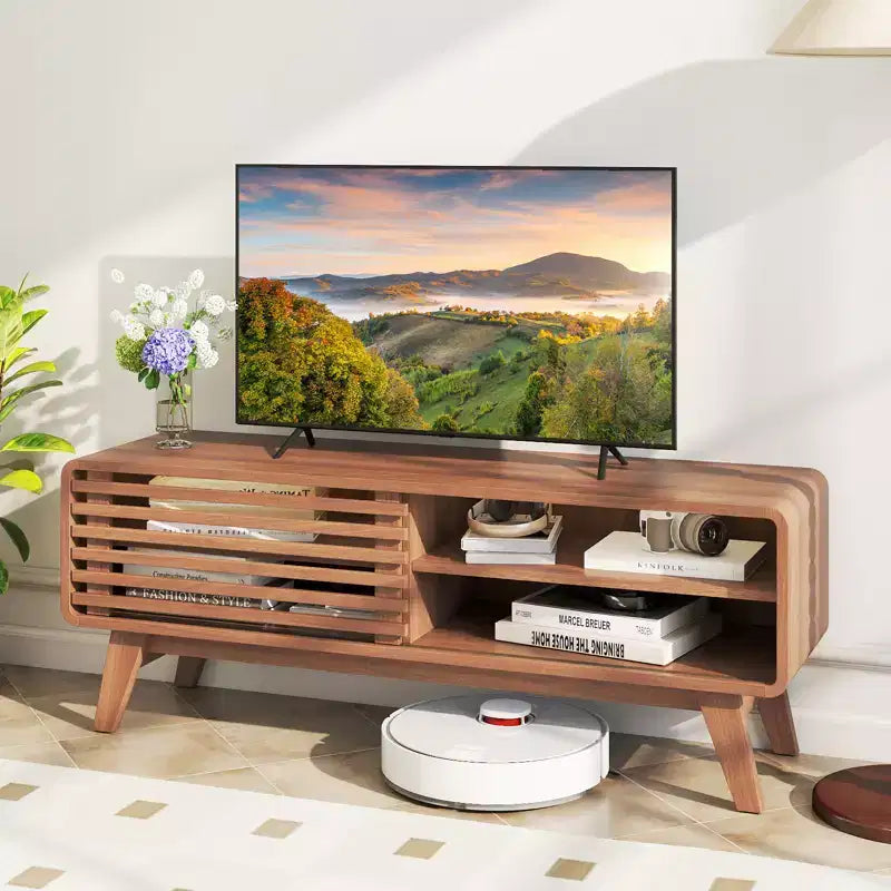 Costway TV Stand with Sliding Door, Adjustable Shelves and Rubber Wood Legs for TVs up to 55"