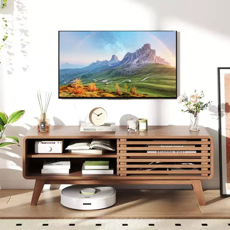 Costway TV Stand with Sliding Door, Adjustable Shelves and Rubber Wood Legs for TVs up to 55"