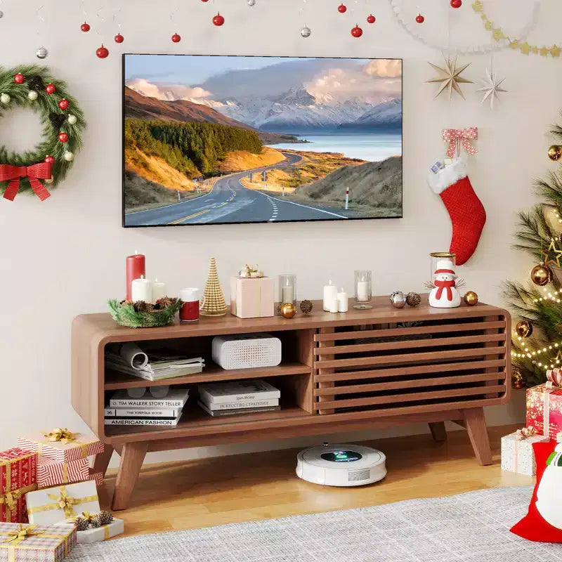 Costway TV Stand with Sliding Door, Adjustable Shelves and Rubber Wood Legs for TVs up to 55"
