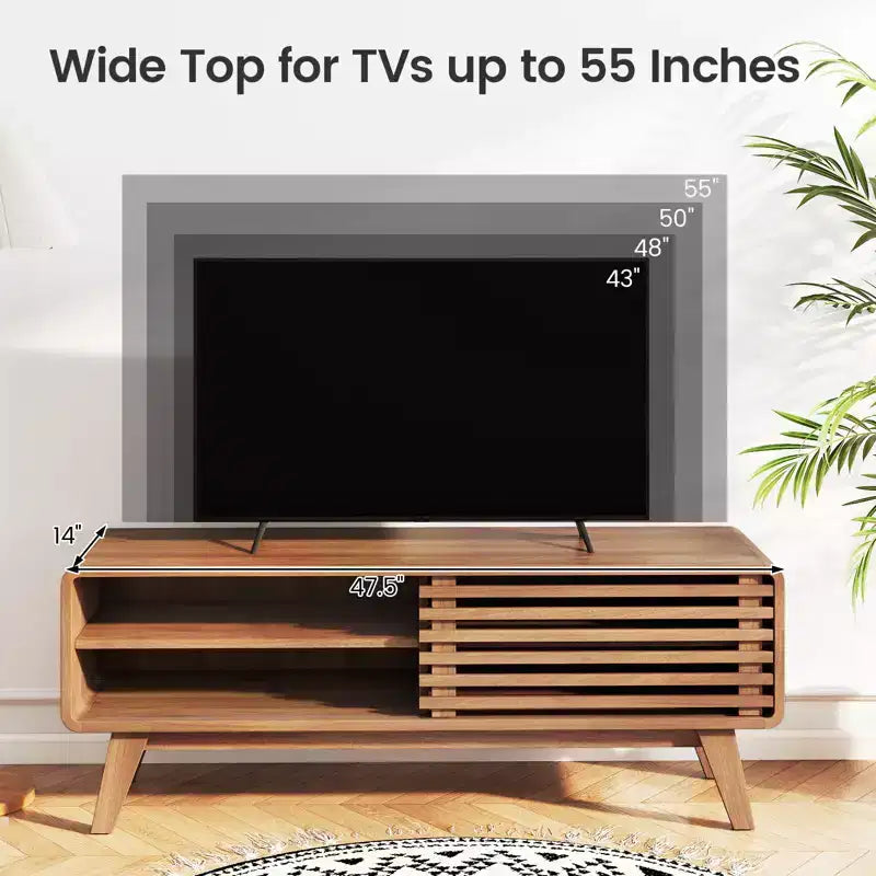 Costway TV Stand with Sliding Door, Adjustable Shelves and Rubber Wood Legs for TVs up to 55"