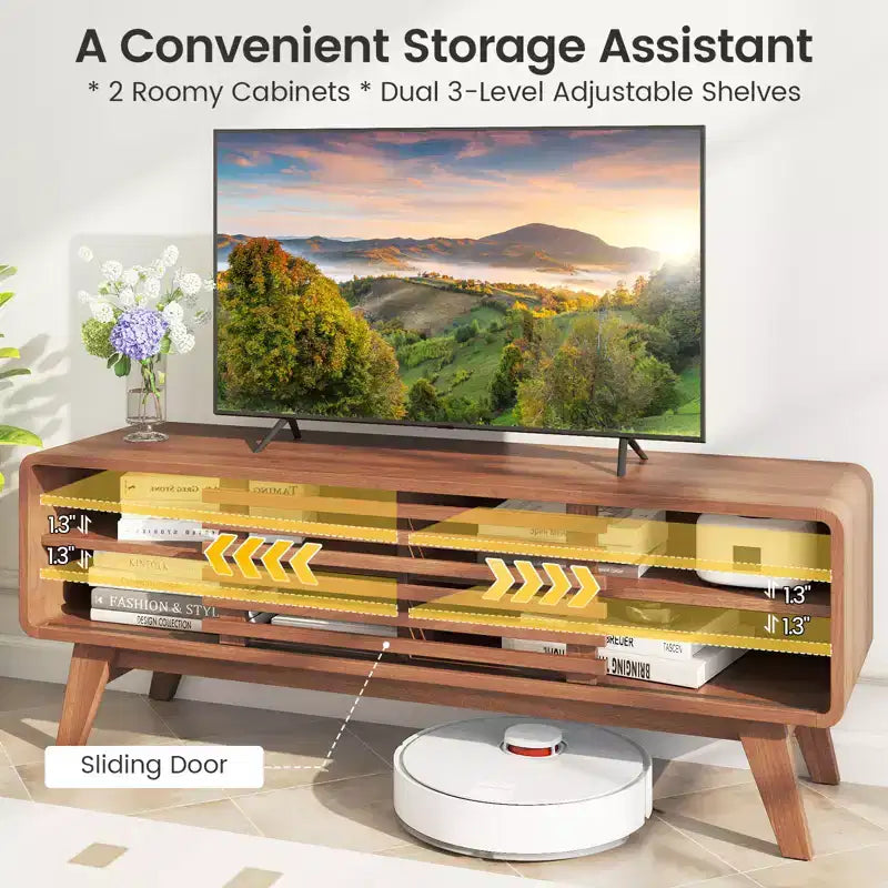 Costway TV Stand with Sliding Door, Adjustable Shelves and Rubber Wood Legs for TVs up to 55"