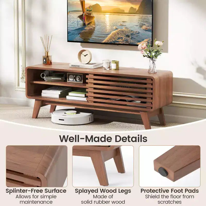 Costway TV Stand with Sliding Door, Adjustable Shelves and Rubber Wood Legs for TVs up to 55"