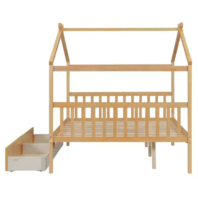 Twin/Full Size Wooden House Bed with 2 Storage Drawers - Montessori Daybed Frame with Roof