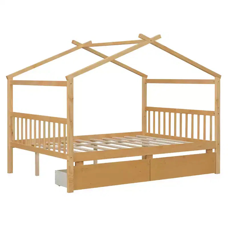 Twin/Full Size Wooden House Bed with 2 Storage Drawers - Montessori Daybed Frame with Roof