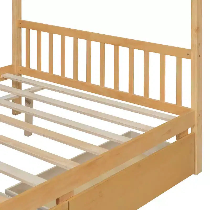 Twin/Full Size Wooden House Bed with 2 Storage Drawers - Montessori Daybed Frame with Roof
