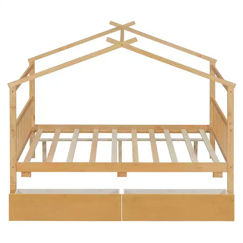 Twin/Full Size Wooden House Bed with 2 Storage Drawers - Montessori Daybed Frame with Roof
