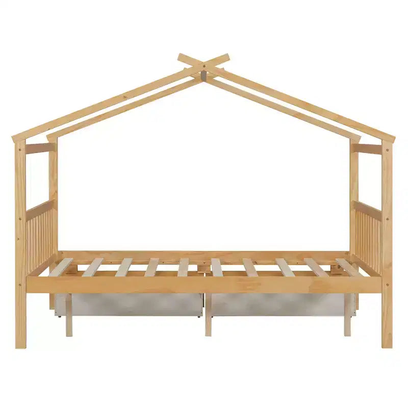 Twin/Full Size Wooden House Bed with 2 Storage Drawers - Montessori Daybed Frame with Roof