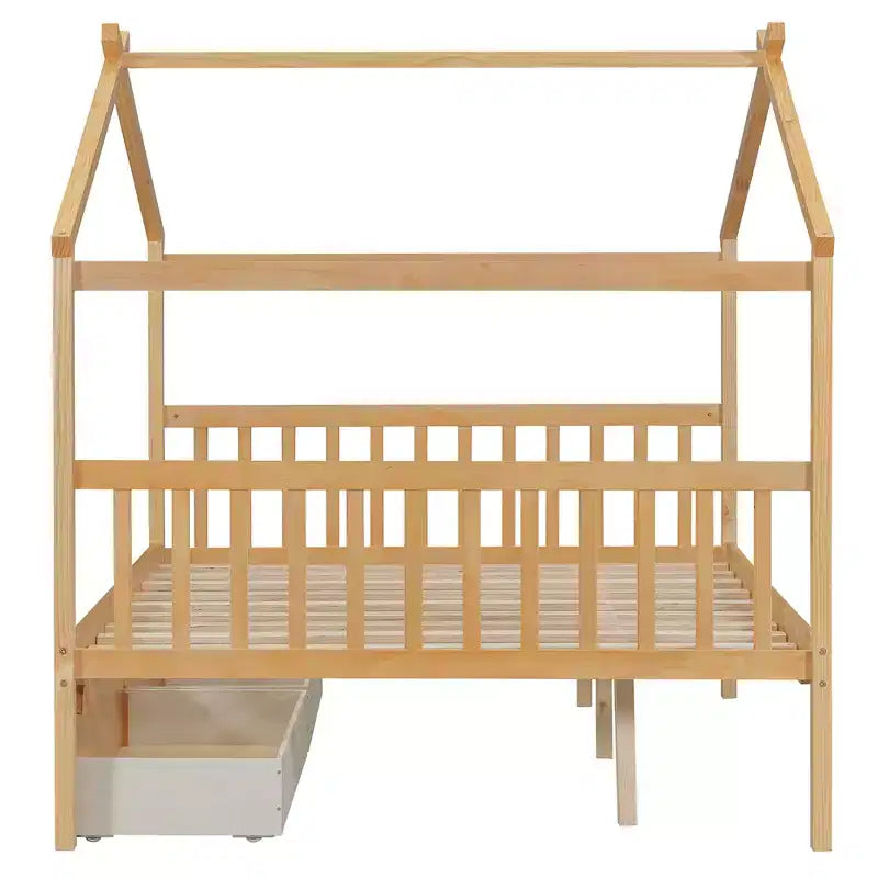 Twin/Full Size Wooden House Bed with 2 Storage Drawers - Montessori Daybed Frame with Roof