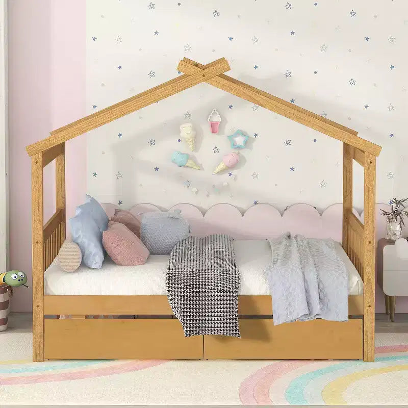 Twin/Full Size Wooden House Bed with 2 Storage Drawers - Montessori Daybed Frame with Roof