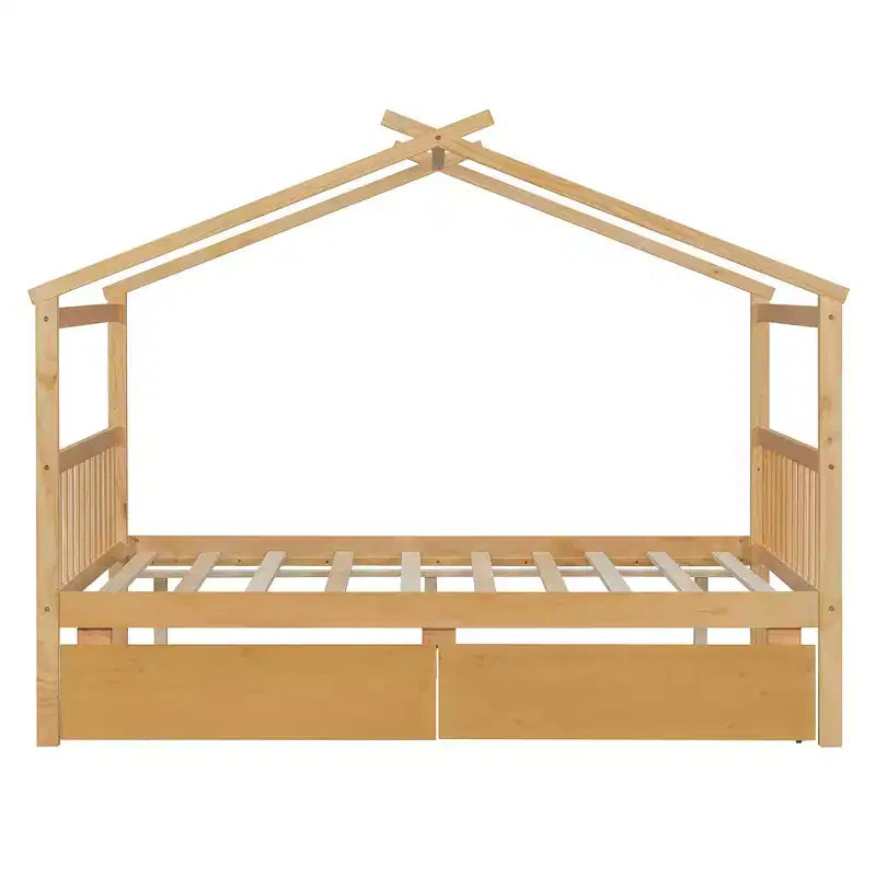 Twin/Full Size Wooden House Bed with 2 Storage Drawers - Montessori Daybed Frame with Roof