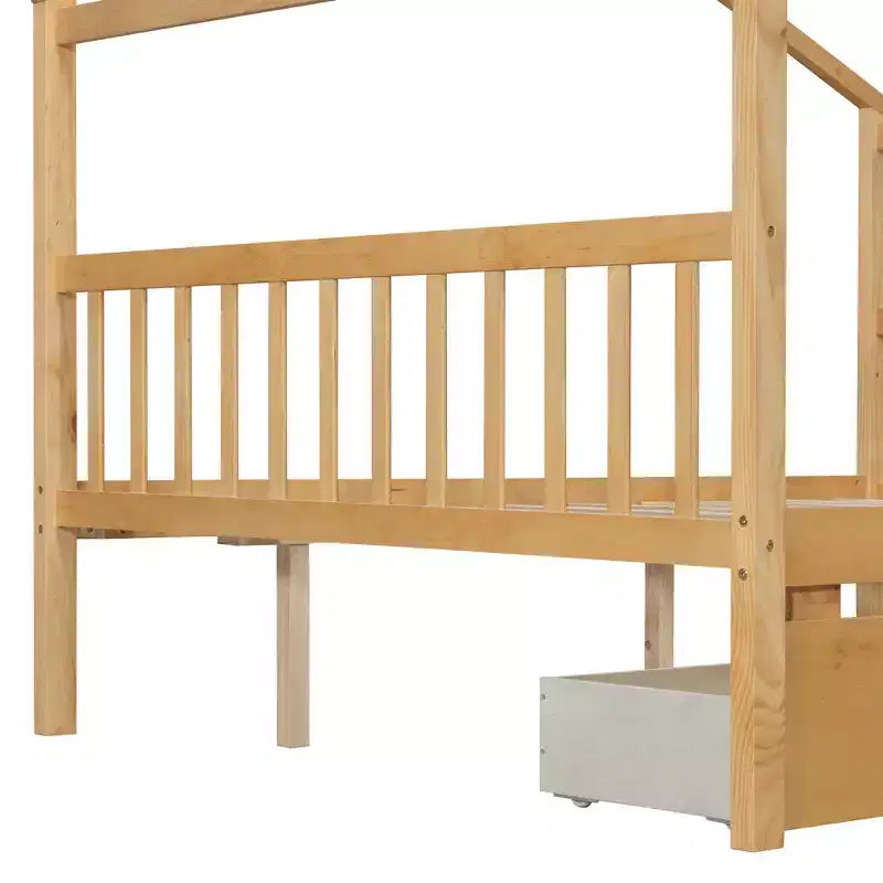 Twin/Full Size Wooden House Bed with 2 Storage Drawers - Montessori Daybed Frame with Roof