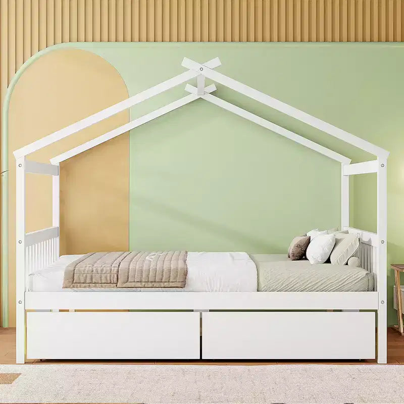 Twin/Full Size Wooden House Bed with 2 Storage Drawers - Montessori Daybed Frame with Roof