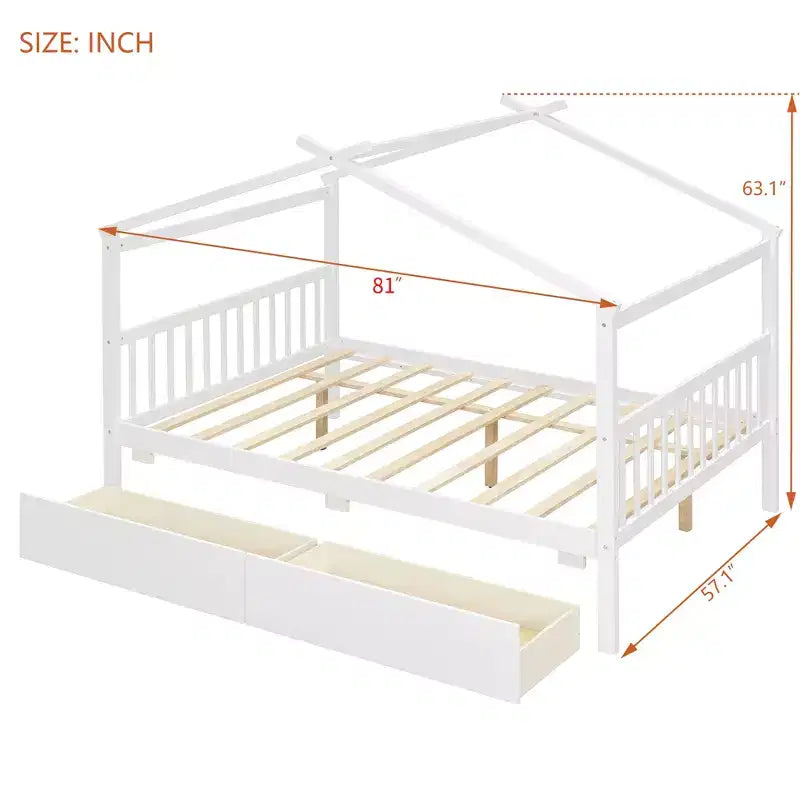 Twin/Full Size Wooden House Bed with 2 Storage Drawers - Montessori Daybed Frame with Roof