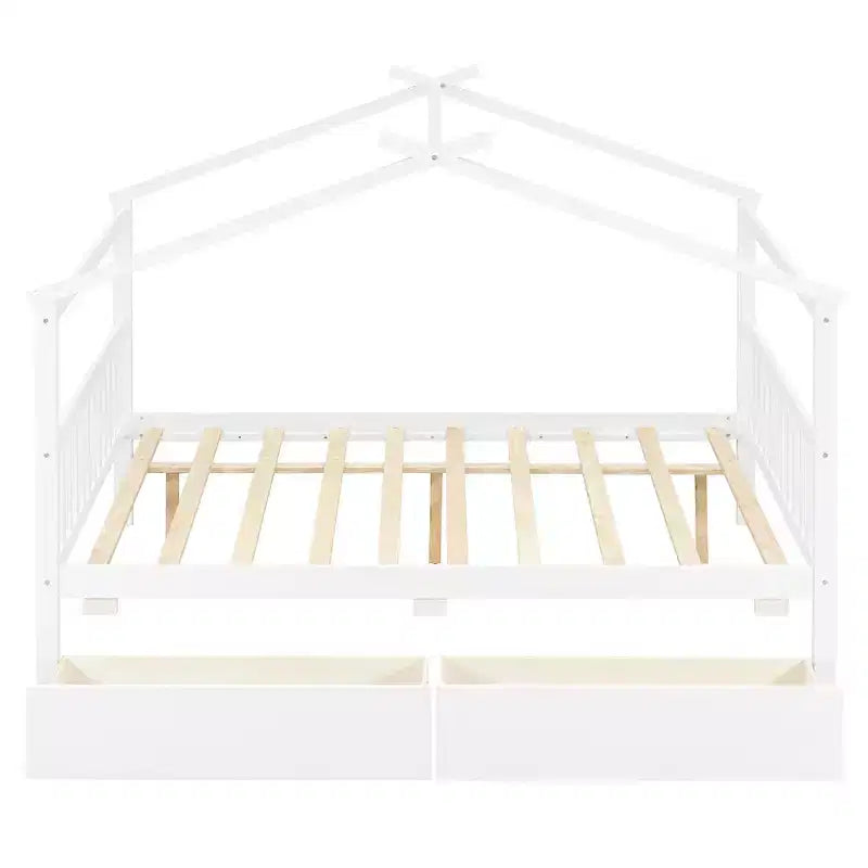 Twin/Full Size Wooden House Bed with 2 Storage Drawers - Montessori Daybed Frame with Roof