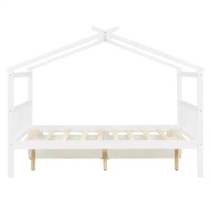 Twin/Full Size Wooden House Bed with 2 Storage Drawers - Montessori Daybed Frame with Roof