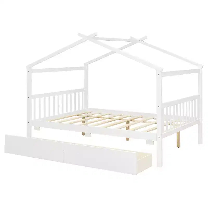 Twin/Full Size Wooden House Bed with 2 Storage Drawers - Montessori Daybed Frame with Roof