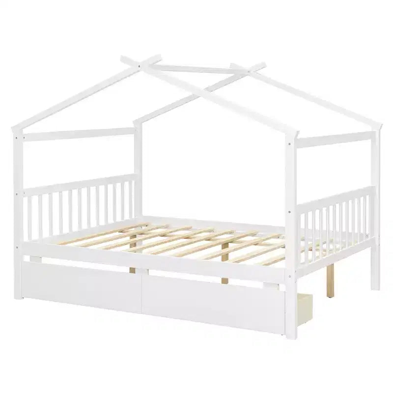 Twin/Full Size Wooden House Bed with 2 Storage Drawers - Montessori Daybed Frame with Roof