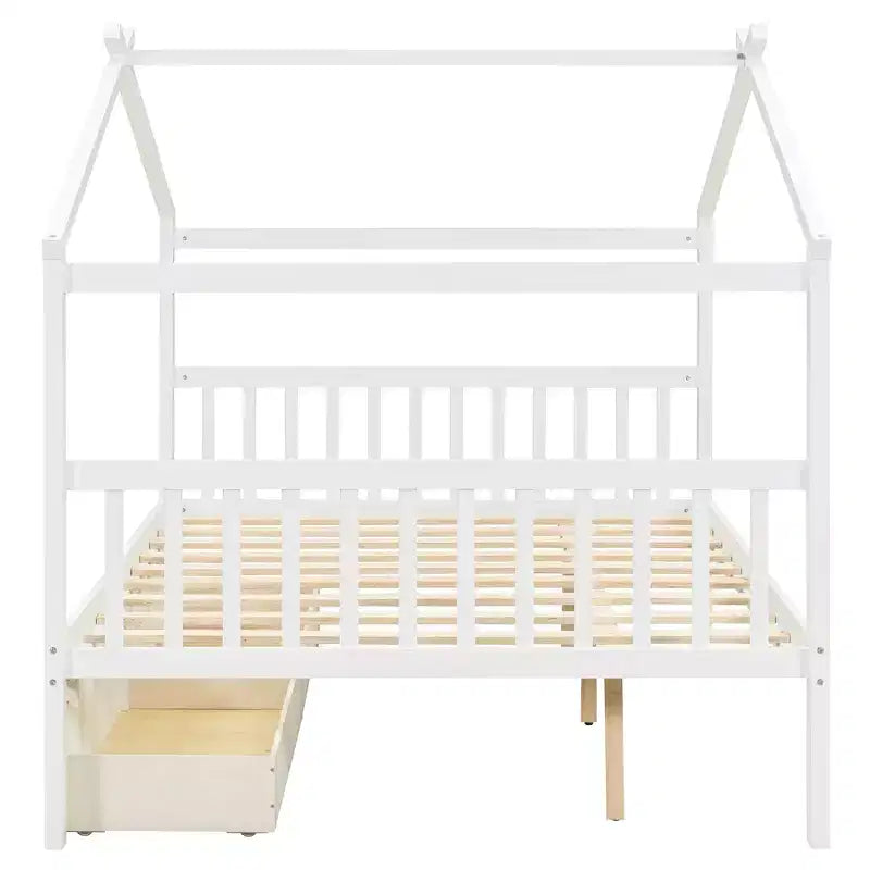 Twin/Full Size Wooden House Bed with 2 Storage Drawers - Montessori Daybed Frame with Roof