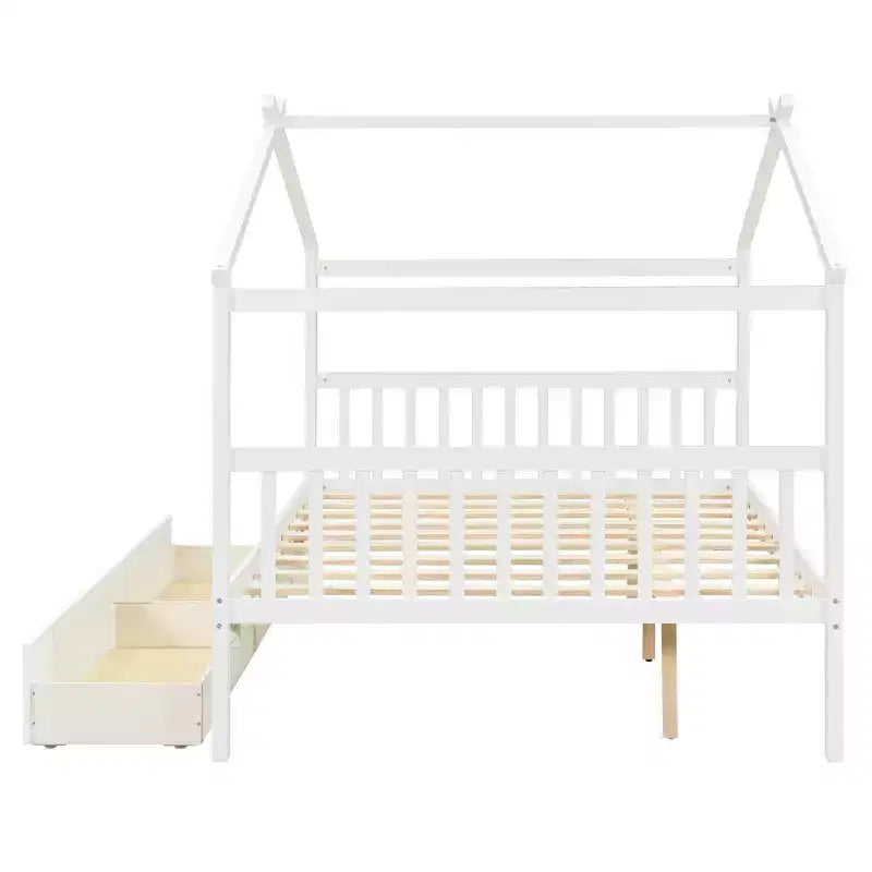 Twin/Full Size Wooden House Bed with 2 Storage Drawers - Montessori Daybed Frame with Roof