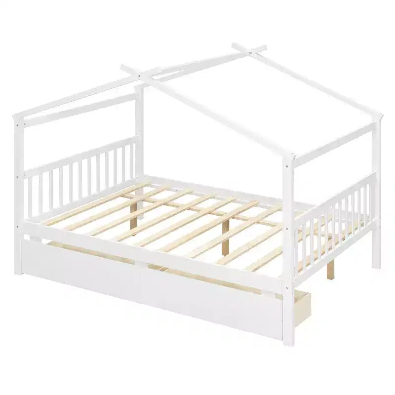 Twin/Full Size Wooden House Bed with 2 Storage Drawers - Montessori Daybed Frame with Roof