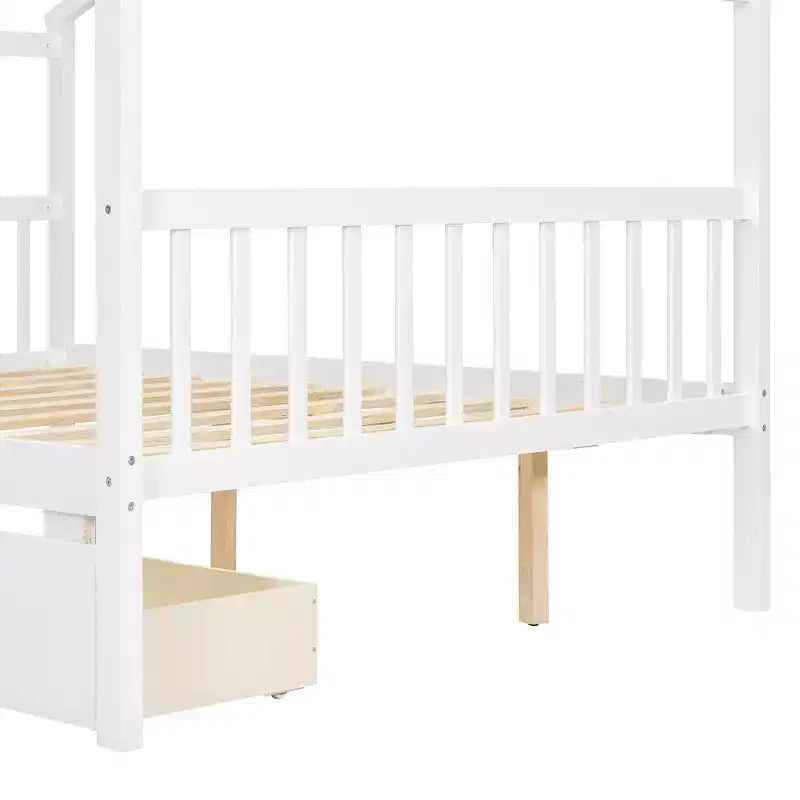 Twin/Full Size Wooden House Bed with 2 Storage Drawers - Montessori Daybed Frame with Roof