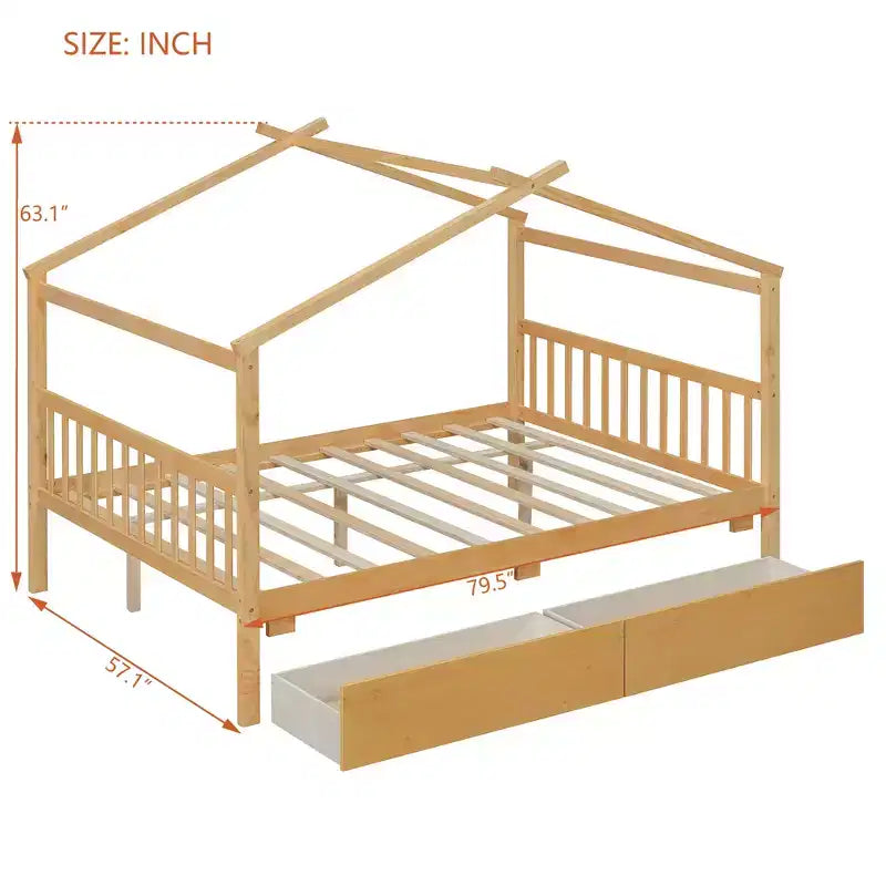 Twin/Full Size Wooden House Bed with 2 Storage Drawers - Montessori Daybed Frame with Roof