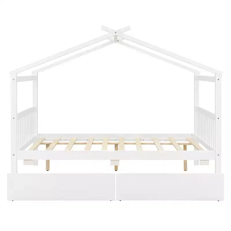 Twin/Full Size Wooden House Bed with 2 Storage Drawers - Montessori Daybed Frame with Roof