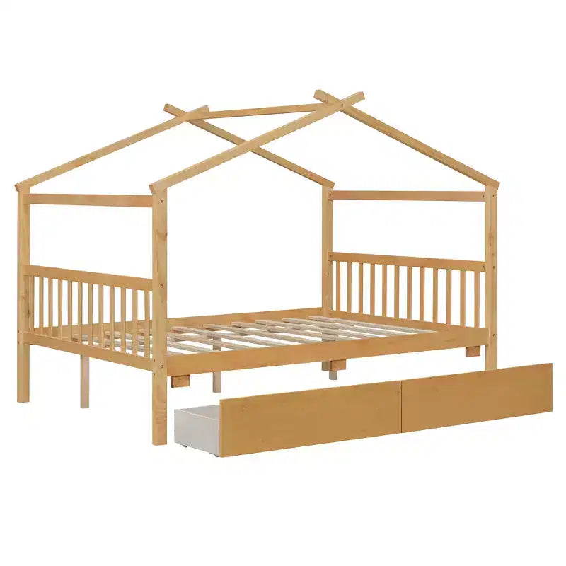 Twin/Full Size Wooden House Bed with 2 Storage Drawers - Montessori Daybed Frame with Roof