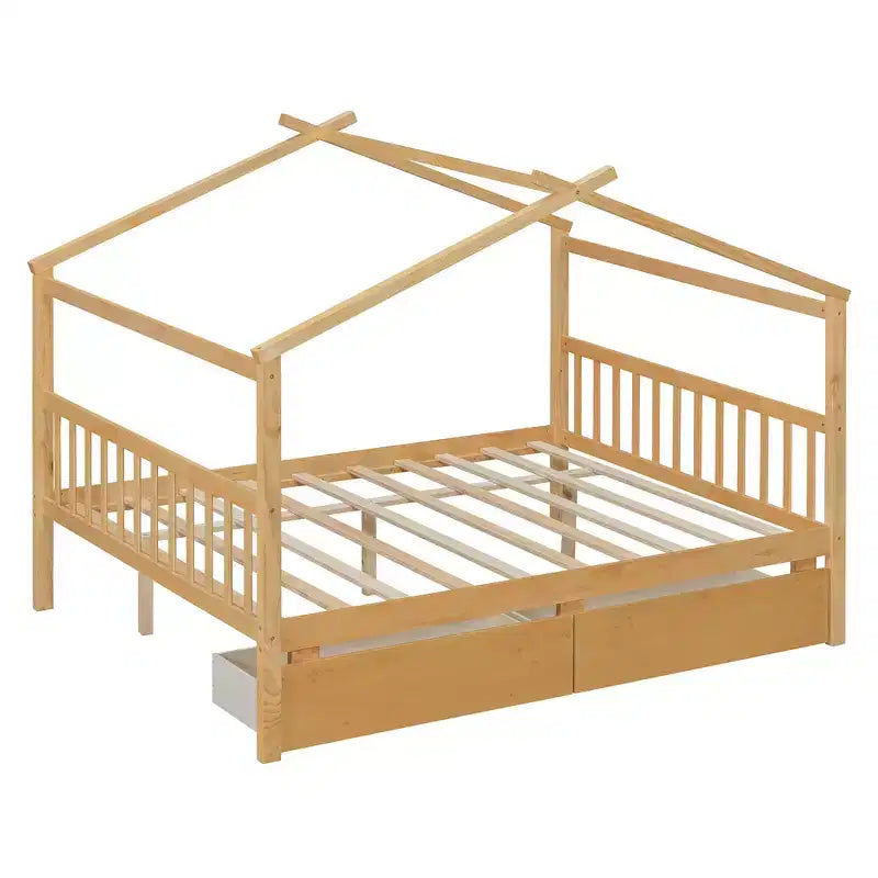 Twin/Full Size Wooden House Bed with 2 Storage Drawers - Montessori Daybed Frame with Roof