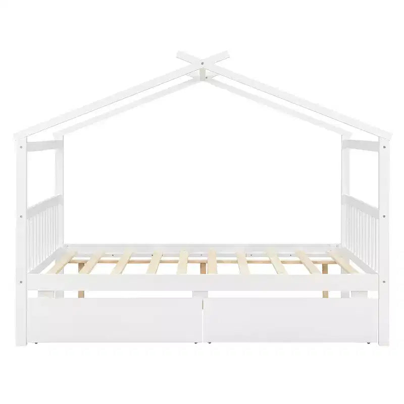 Twin/Full Size Wooden House Bed with 2 Storage Drawers - Montessori Daybed Frame with Roof