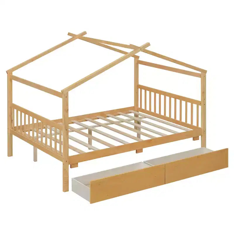 Twin/Full Size Wooden House Bed with 2 Storage Drawers - Montessori Daybed Frame with Roof