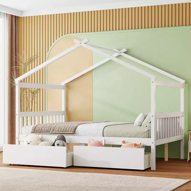 Twin/Full Size Wooden House Bed with 2 Storage Drawers - Montessori Daybed Frame with Roof