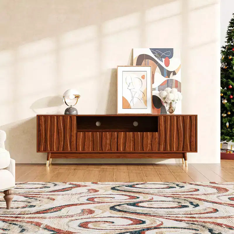 ATJafurn 55" Walnut Brown Mid-Century Modern TV Stand with Drawer, Cabinet and Open Shelf for TVs up to 55"
