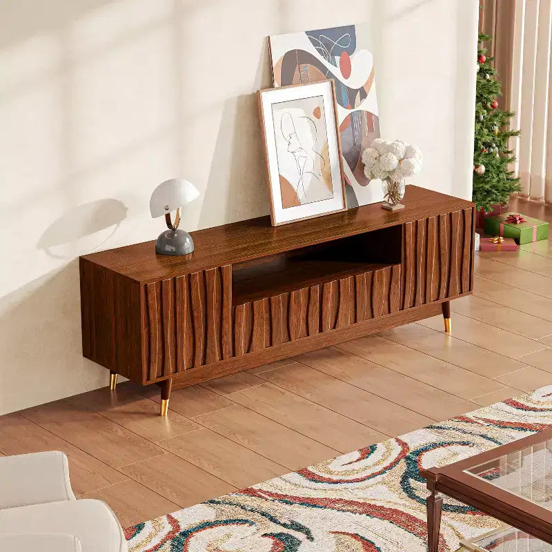 ATJafurn 55" Walnut Brown Mid-Century Modern TV Stand with Drawer, Cabinet and Open Shelf for TVs up to 55"