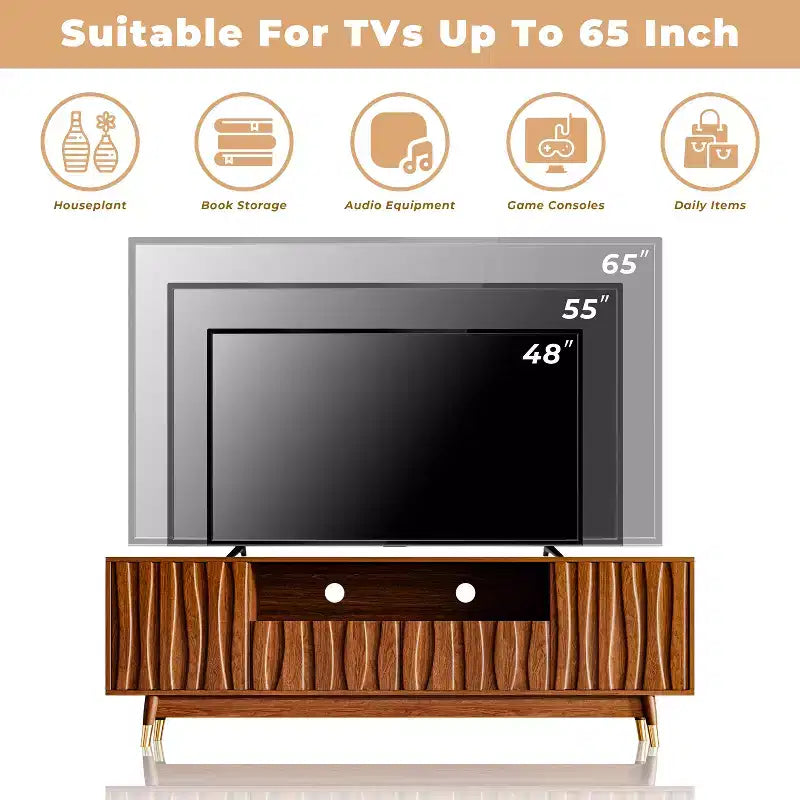 ATJafurn 55" Walnut Brown Mid-Century Modern TV Stand with Drawer, Cabinet and Open Shelf for TVs up to 55"