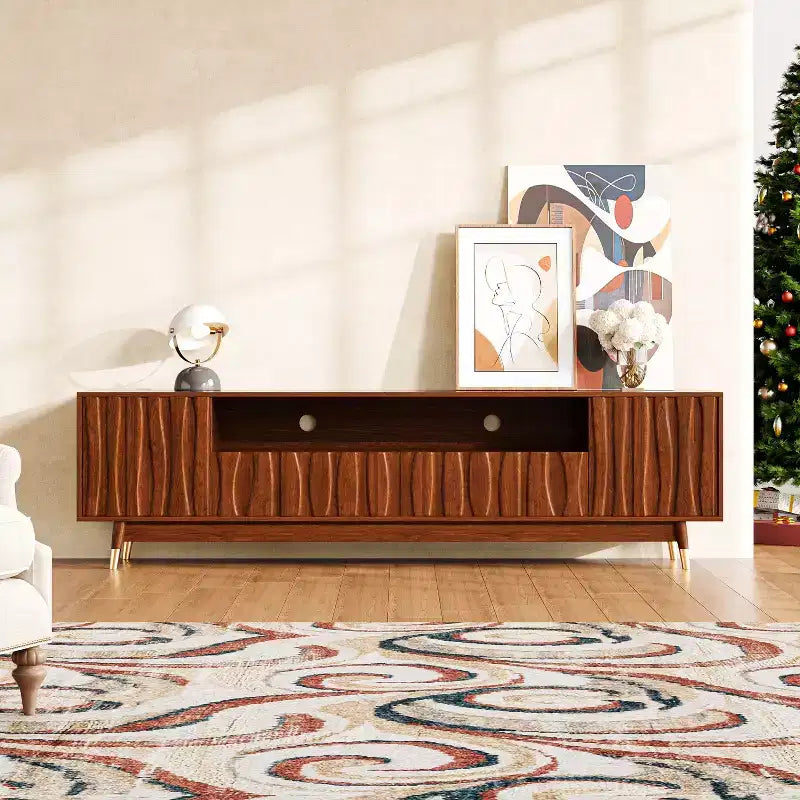 ATJafurn 55" Walnut Brown Mid-Century Modern TV Stand with Drawer, Cabinet and Open Shelf for TVs up to 55"