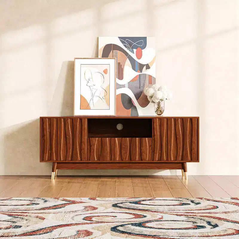 ATJafurn 55" Walnut Brown Mid-Century Modern TV Stand with Drawer, Cabinet and Open Shelf for TVs up to 55"
